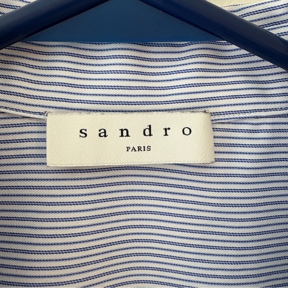 Sandro Bleu Ciel Mini Shirt Dress Pinstripes Sequins Blue White - Picture 4 of 14